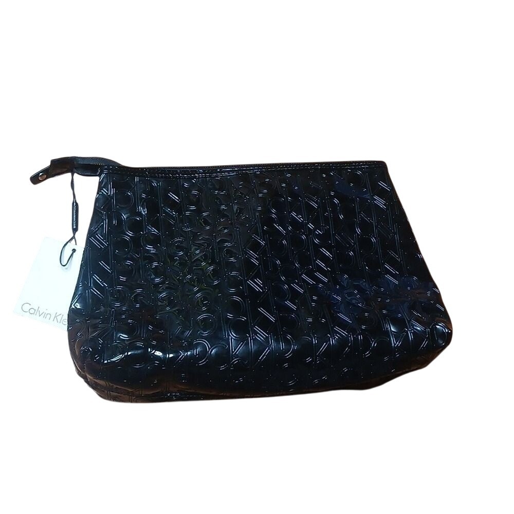 Calvin Klein Cosmetic Bag Women One Size Black Patent Embossed Logo Pouch NEW
